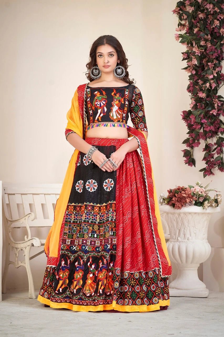 067cf951-53fb-40a0-8f3e-607650571aa0 Navratri Special Red Bandhani Chaniya Choli with Mirror Work