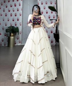 White Tasar Silk Printed Flared Lehenga Choli For Women