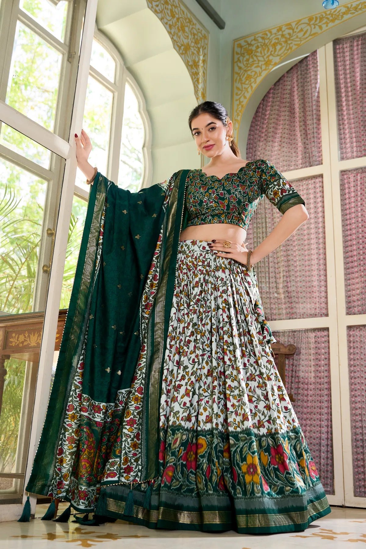 1MT5ZUTCUH-2026-08-12_Green_4_b3f7c773_b867_446a_b139_d2504ffd07fd green Tasar Silk Printed Flared Lehenga Choli For Women - Image 4