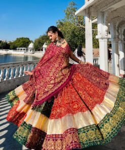 Green-Red Color Trendy Printed Mirror Work Navratri Lehenga Choli