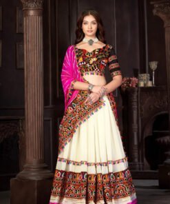 Navratri Special Off-White Georgette Chaniya Choli with Traditional Kutchi Mirror Work - Image 5