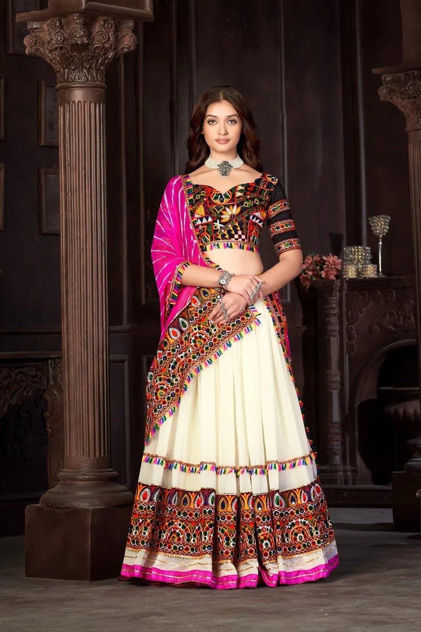 4d296e31-9c28-4eee-976b-d68ace69fffc_950cf6e0-c999-4d53-b639-36f8eb8b6fb0 Navratri Special Off-White Georgette Chaniya Choli with Traditional Kutchi Mirror Work - Image 5