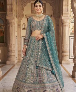 Thread and Zari Work Lehenga Choli – Premium Teal Party Wear Traditional Indian Outfit