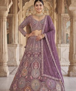 Women’s Heavy Embroidered Wedding Lehenga Choli – Purple/Mauve Party Wear Ethnic Indian Lehenga with Scalloped Dupatta