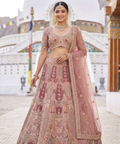 Dusty Rose Embroidered Net Lehenga Choli Set with Heavy embroidery and Sequins Work – Bridal & Festive Ethnic Wear and party wear