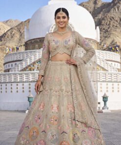Luxurious Beige Ethnic Lehenga Set with Floral and Peacock Embroidery – Perfect for Weddings and Festive Occasions