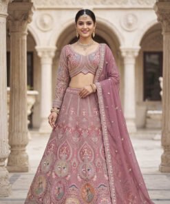 Dusty Rose Designer Lehenga Choli with Intricate Embroidery and Matching Dupatta – Elegant Ethnic Bridal/Wedding Wear