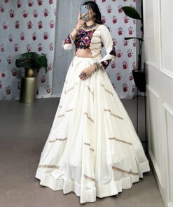 White Tasar Silk Printed Flared Lehenga Choli For Women - Image 4