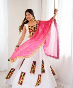 White Color Gamthi Work Rayon Navratri Lehenga Choli