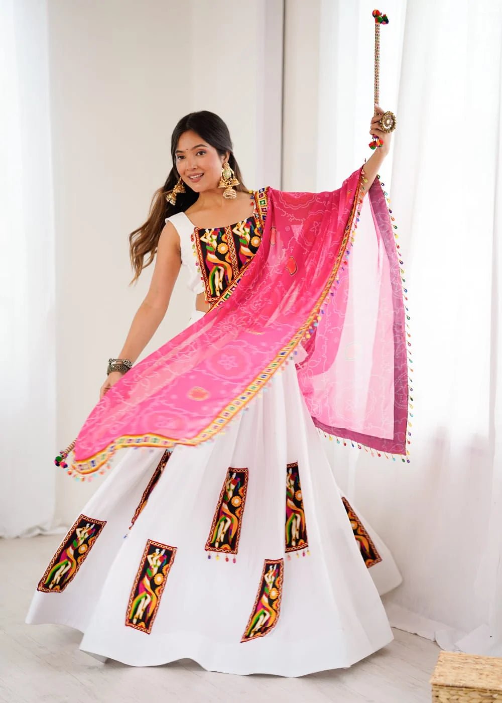 68bd37cf-bf67-4a0c-b242-cb1d96770bd0 White Color Gamthi Work Rayon Navratri Lehenga Choli