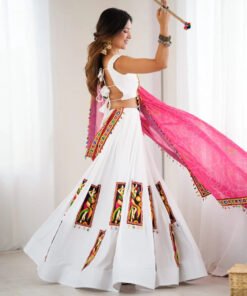 White Color Gamthi Work Rayon Navratri Lehenga Choli - Image 4