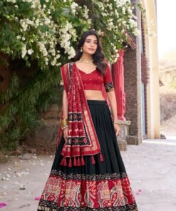 Black Tasar Silk Printed Flared Lehenga Choli For Women - Image 5