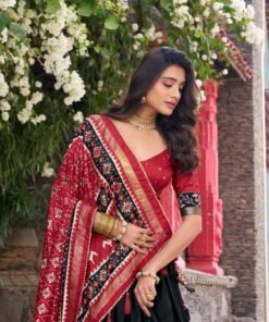 Black Tasar Silk Printed Flared Lehenga Choli For Women - Image 6