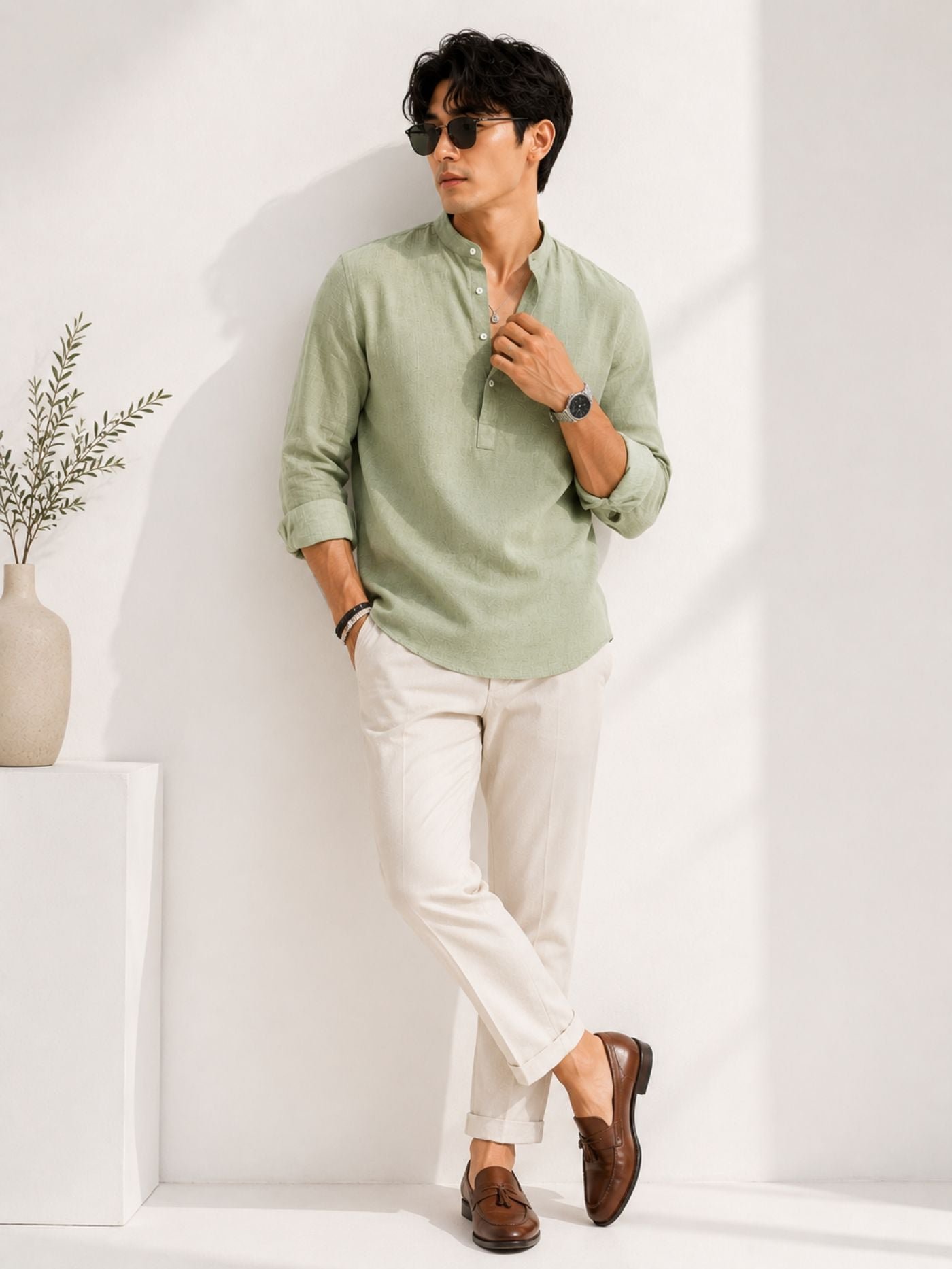 Band_Collar_Sage_Green_Cotton_Shirt