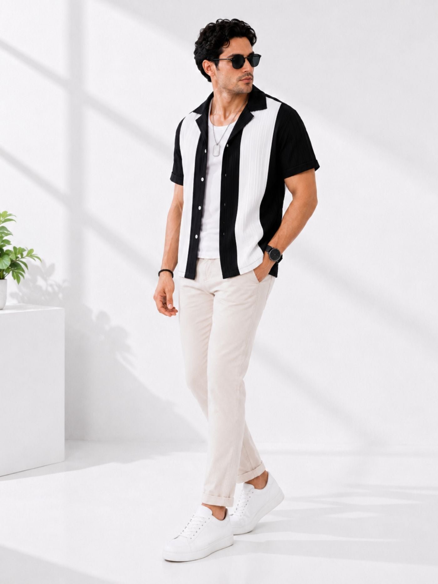 Black_and_Pearl_Half_Sleeve_Shirt_styled_with_beige_trousers