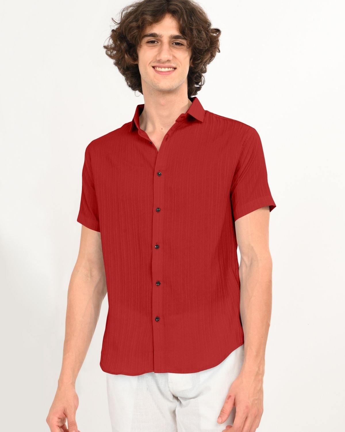 Front_view_of_Ruby_Red_Textured_Short-Sleeve_Shirt_for_Men