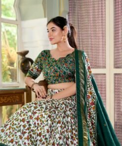 green Tasar Silk Printed Flared Lehenga Choli For Women - Image 5