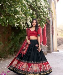 Black Tasar Silk Printed Flared Lehenga Choli For Women - Image 3