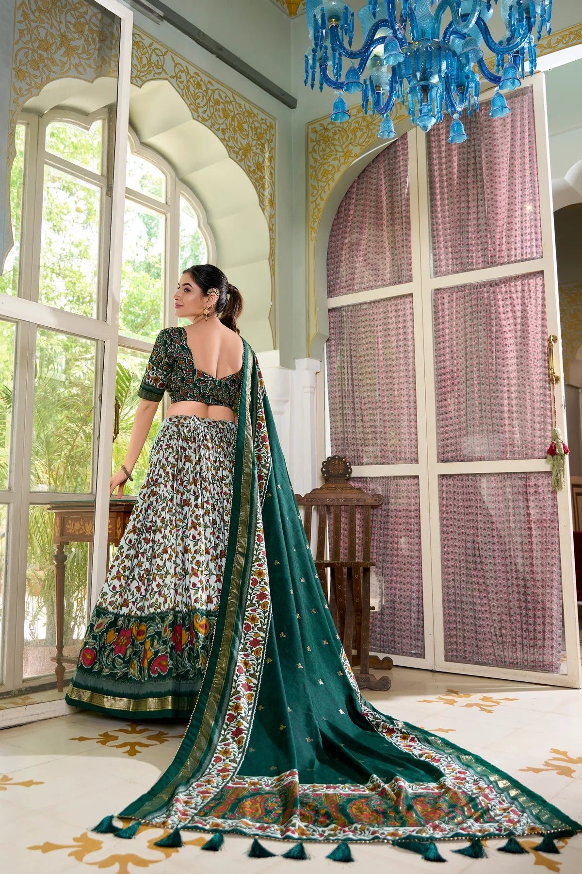 M59Q5EHEBA-2026-08-12_Green_1_43ddba67_2326_4780_b86a_d95fb30a9a9a green Tasar Silk Printed Flared Lehenga Choli For Women - Image 3