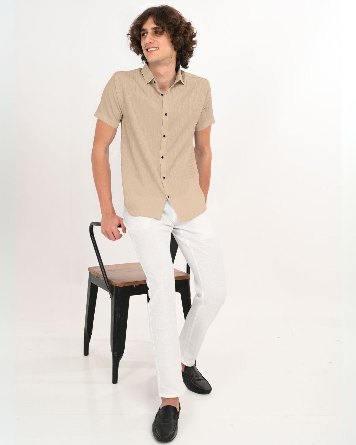 Men_s_beige_textured_short_sleeve_shirt_front_view