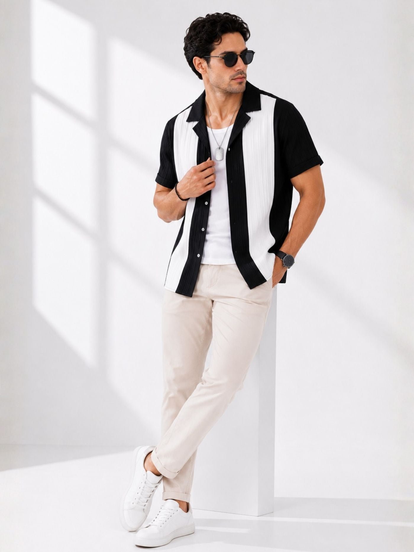 Men_wearing_Veyra_Black_and_Pearl_Performance_Shirt_full-length_front_view