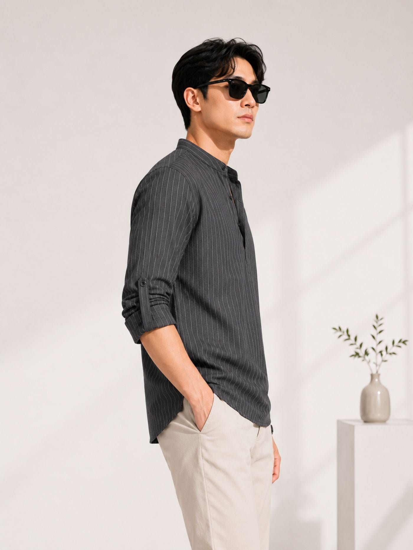 Side_Profile_of_The_Rajwada_Pinstripe_Kurta_Shirt_Charcoal_Grey