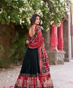 Black Tasar Silk Printed Flared Lehenga Choli For Women - Image 4