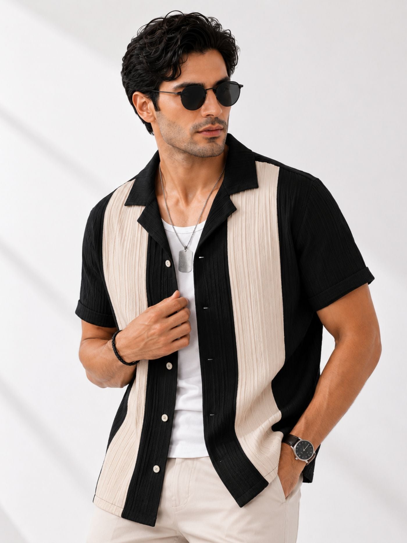 Veyra_Contrast_Performance_Shirt_in_Black_and_Sand_close-up_front_view