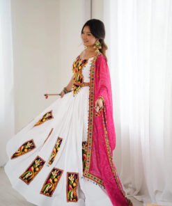 White Color Gamthi Work Rayon Navratri Lehenga Choli - Image 3